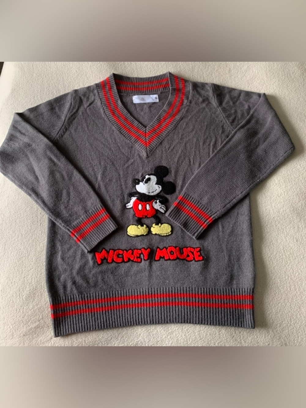 Disney Gray V-Neck Sweater with Red and Yellow Accents